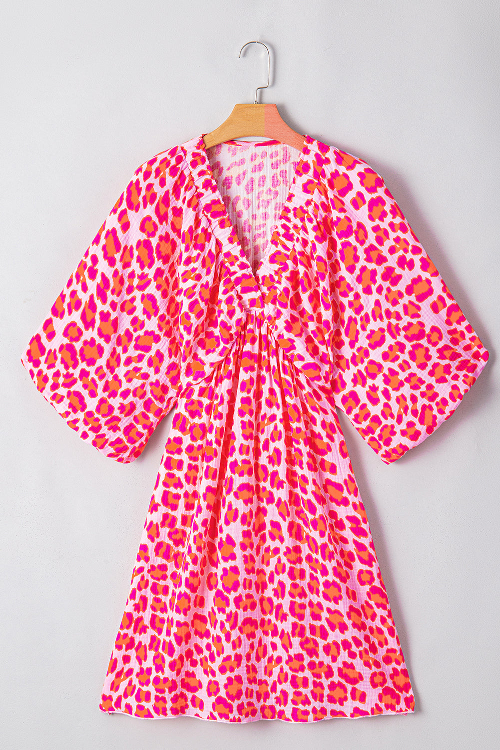 Pink Leopard Print Elasticated V Neck 3/4 Puff Sleeve Dress