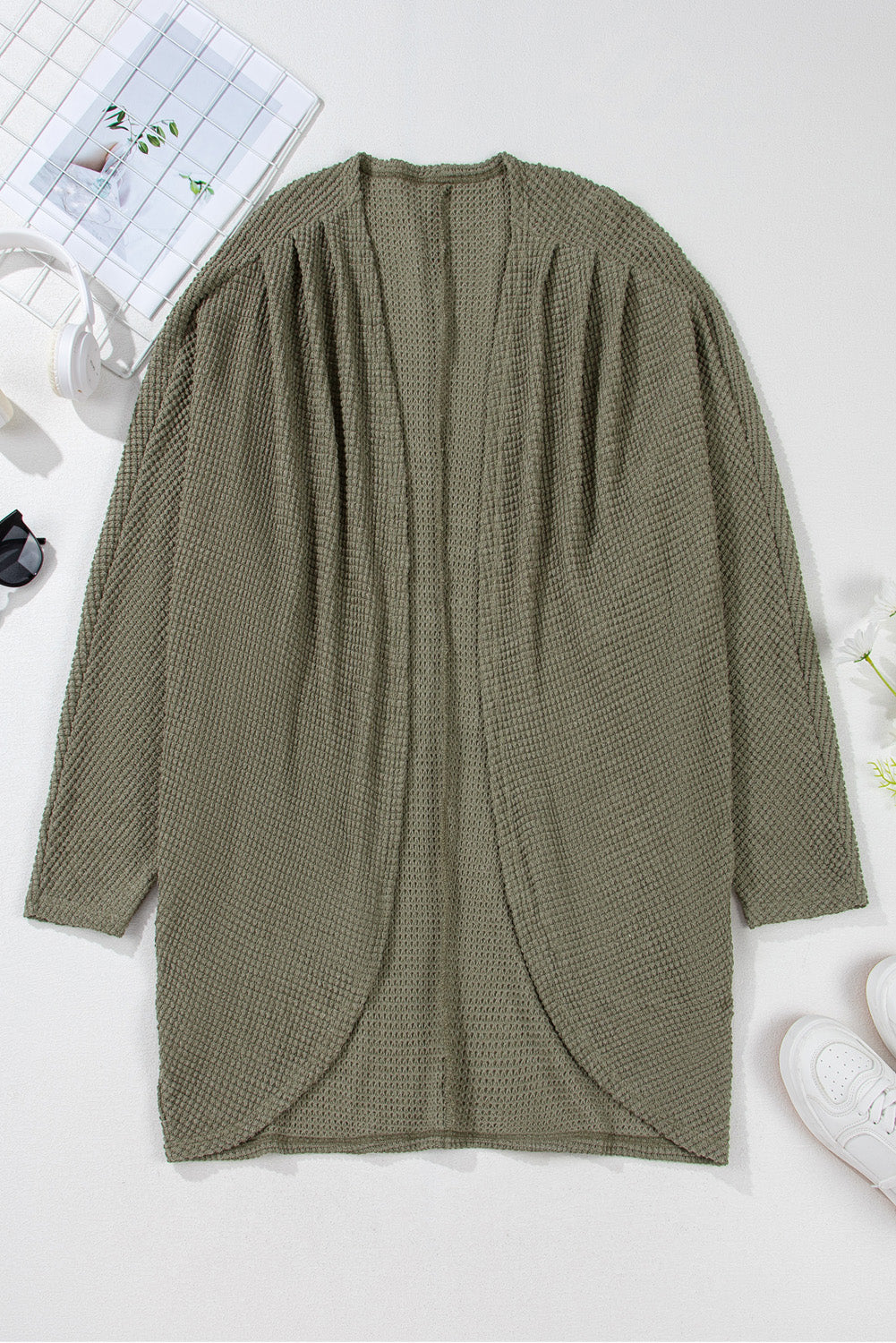 Seagrass Waffle Knit Drop Shoulder Open Front Pocketed Plus Size Cardigan