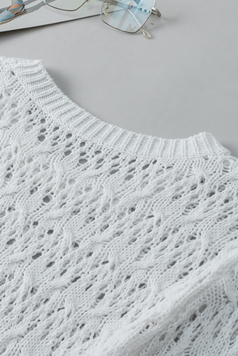 White Hollow-out Textured Half Sleeve Sweater