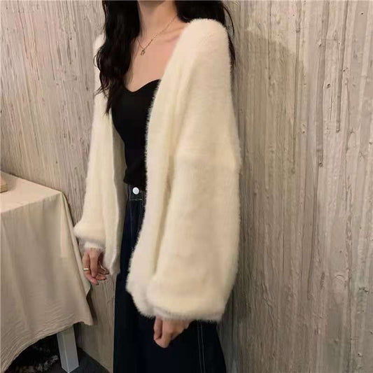 Spring And Autumn Mink-like Wool White Knitted Fabric Cardigan For Women