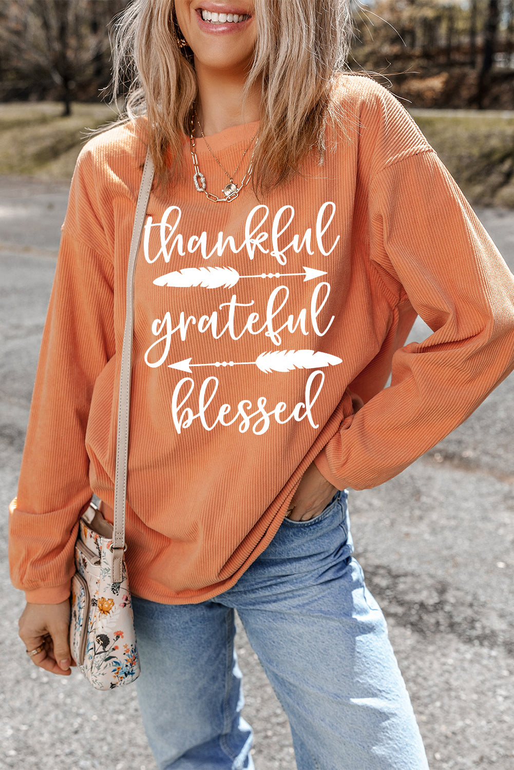 Orange thankful grateful blessed Arrow Graphic Corded Sweatshirt