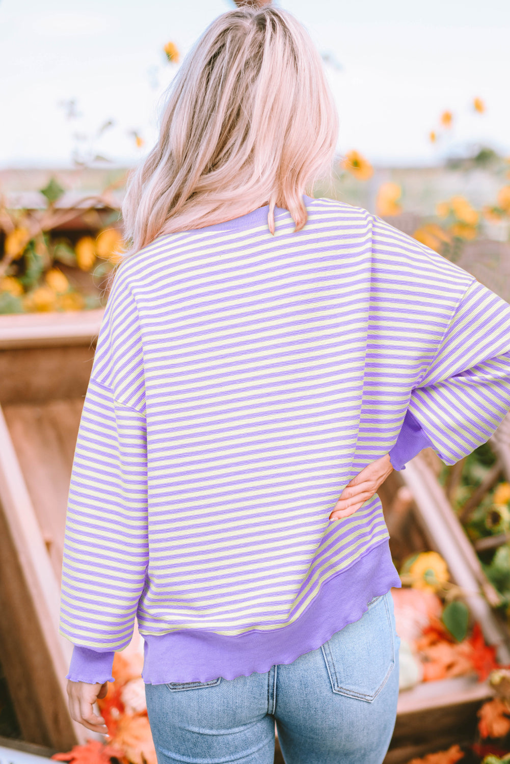 Purple Stripe Loose Drop Shoulder Long Sleeve Top