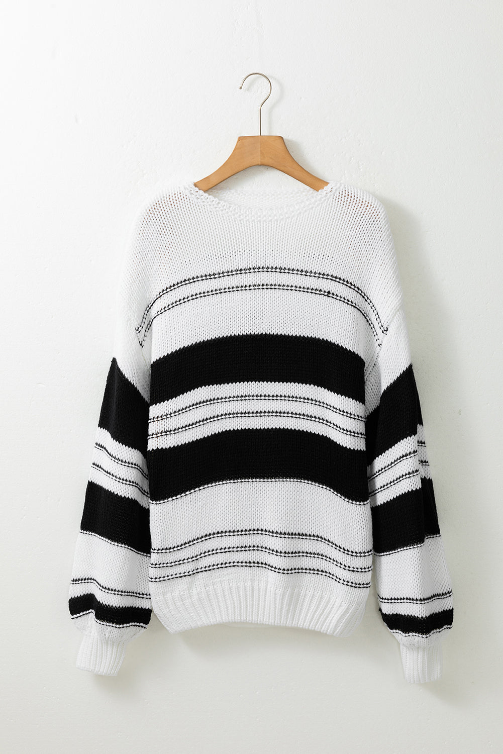 Black Stripe Striped Knit Puff Sleeve Casual Sweater