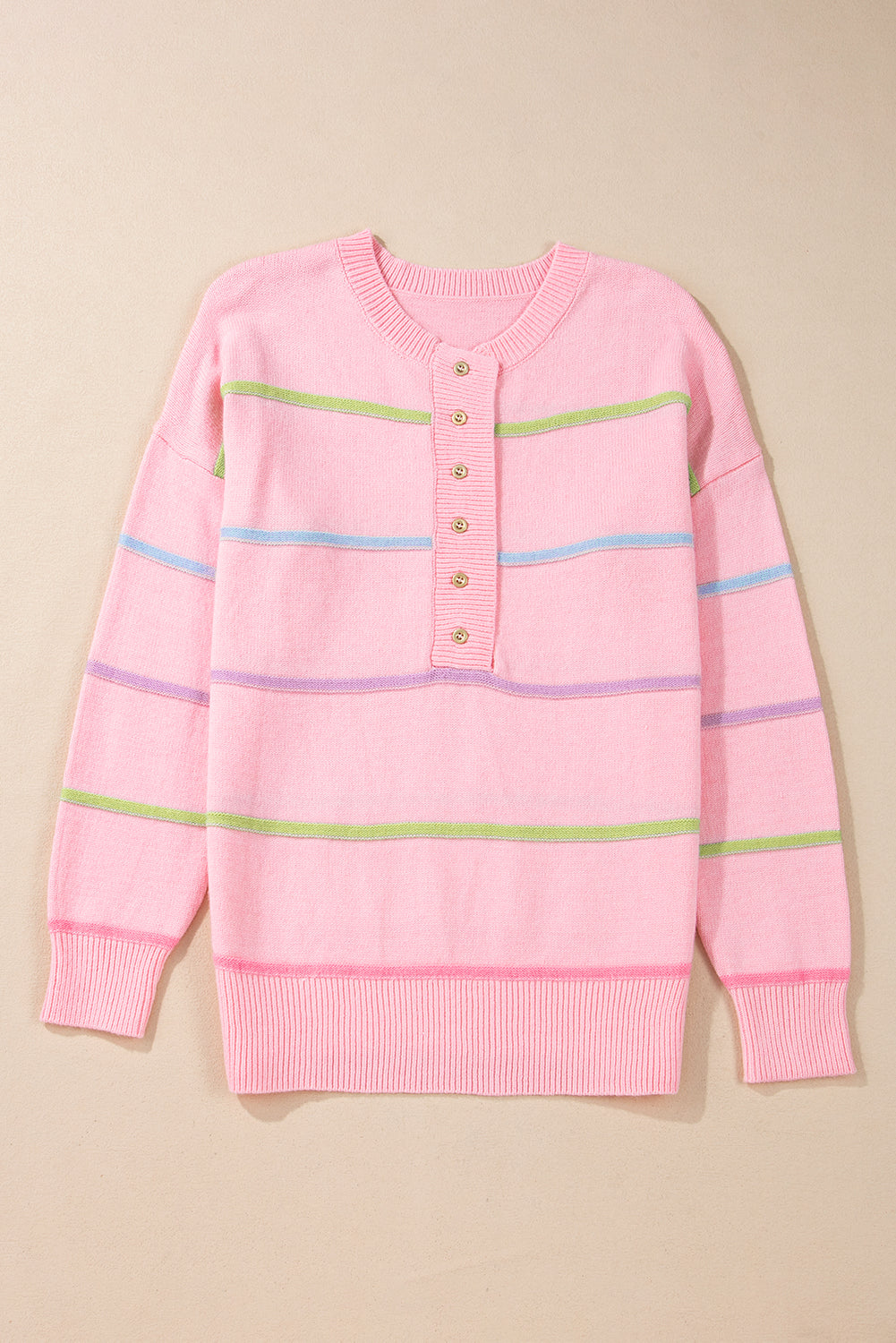 Pink Rainbow Stripes Drop Shoulder Baggy Henley Sweater